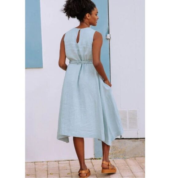 Magic Linen Nida Dress Dusty Blue Asymmetric Hem Sleeveless Braided Belt Medium - Picture 3 of 7